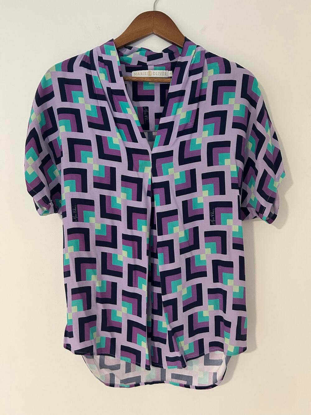 Marie Oliver Geometric Purple Teal Aqua Collared Blouse Flowy XS GUC Career Top